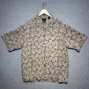 Haggar Mens XL Silk Button Down Shirt Brown Floral Tropical Camp Short Sleeve